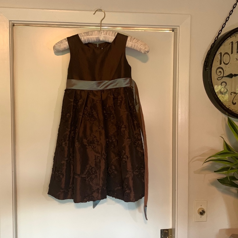 Beautiful Chocolate Children’s Formal Satin Dress with Sea Blue Sash